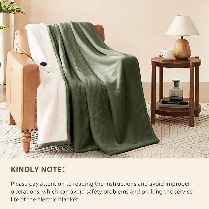 Homemate Electric Heated Blanket King Size - 100"x90" Heating Blanket King Size Dual Control 1/2/4/6/8 Hours Auto-Off 10 Heat Level Over-Heat Protection Flannel Sherpa ETL Certification