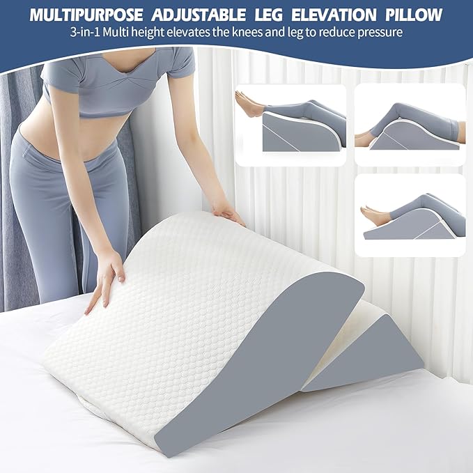 2PCS Leg Elevation Wedge Pillows for Sleeping, Leg Wedge Pillow After Knee Replacement Post Surgery, Leg Wedges for Elevation for Swelling, Circulation, Adjustable 3-in-1 Height Foam Pillow Wedge