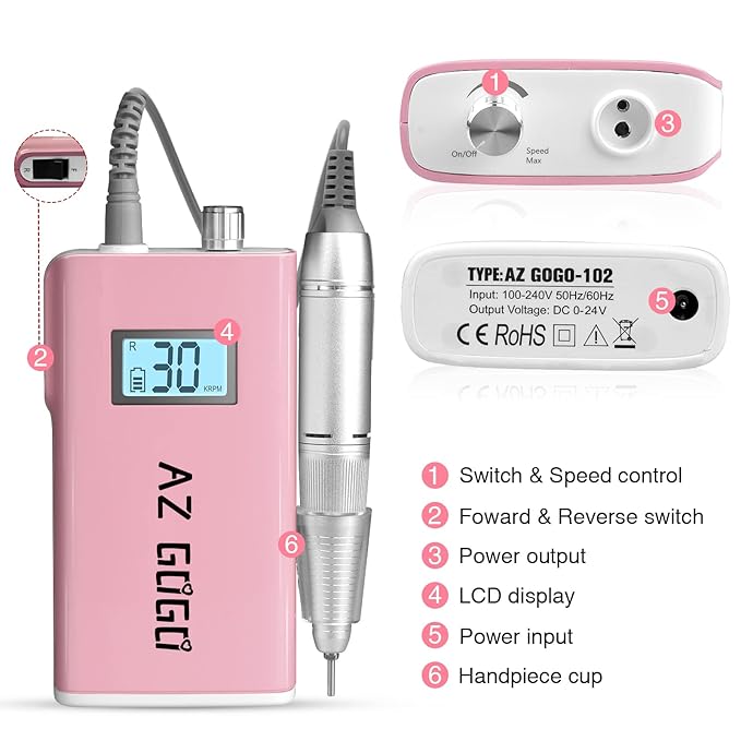 Professional Nail Drill Machine, AZ GOGO 30000RPM Rechargeable Portable Nail Drills for Acrylic Gel Nails - Cordless Electric Nail Drill with LCD Display (Pink)