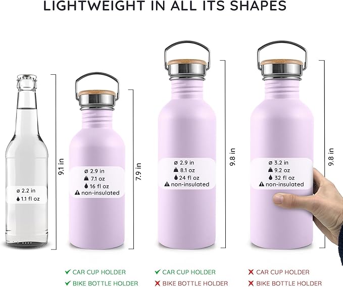 Bambaw Stainless Steel Water Bottle, Purple Water Bottle, 1 Litre Non-Insulated Stainless Steel Bottle, 1 Litre Sports Bottle, BPA-Free Bottle, Reusable Bottle – Light Lilac