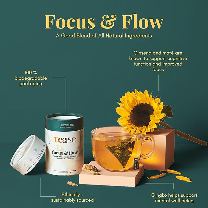 Tease Tea Yerba Mate - Focus & Flow Caffeinated Tea, Brain Energy & Focus Blend with Yerba Mate, Ginseng, Ginkgo, Spearmint & Citrus