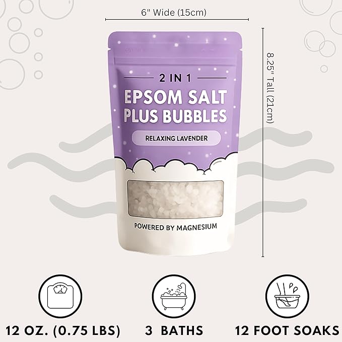 Epsom Salt Plus Bubbles – Lavender Scented Foaming Bath Soak – Magnesium Sulfate for Muscle Recovery, Stress Relief & Relaxation – Great for Aromatherapy – 12 oz