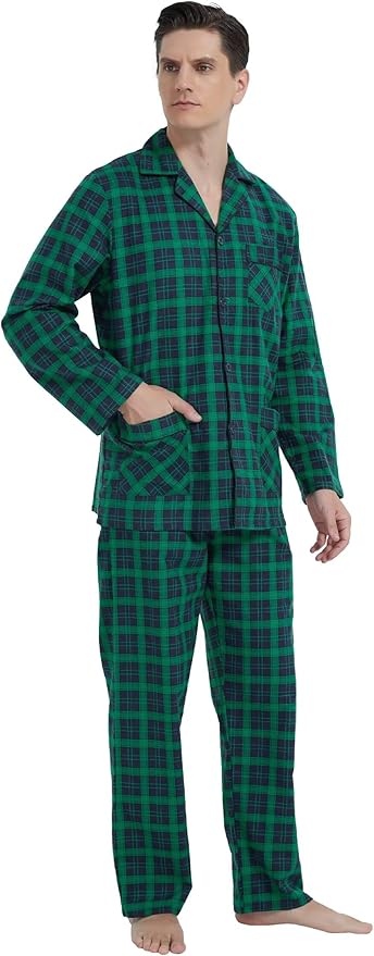 GLOBAL Men's Pajamas Sets 100% Cotton Flannel Sleepwear Long-Sleeve top & Bottom