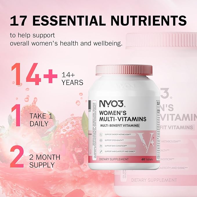 NYO3 Multivitamin for Women with Zinc & Biotin Vitamins A,C,K,B2,B6,B12 & Multimineral | Daily Multivitamins Beauty & Energy | Gluten-Free, 60 Day Supply