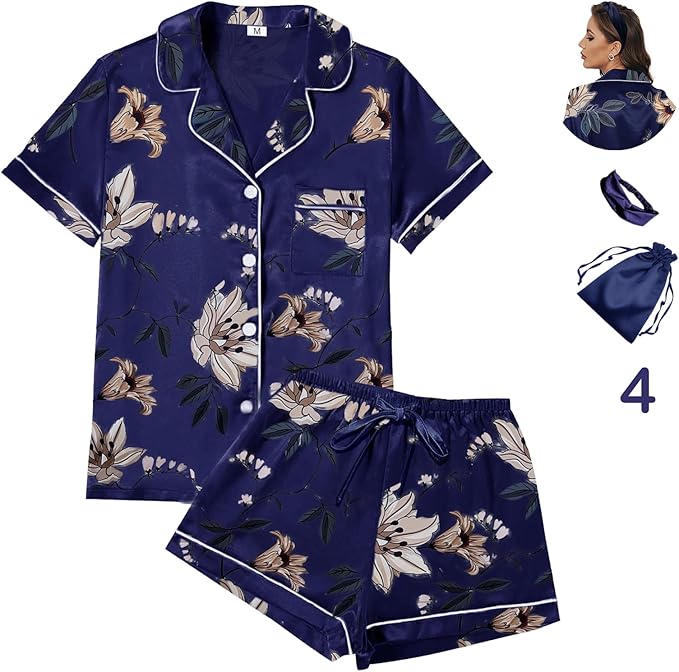 4Pcs Womens Satin Silky Pajama Sets Short Sleeve Shirt XS-4XL Floral Pajamas Set Soft PJ Loungewear Sleepwear