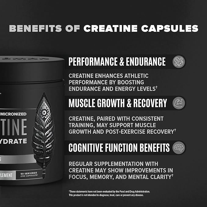 BIRDMAN Micronized Creatine Monohydrate Capsules for Muscle Growth & Recovery, Pre & Post Workout, Vegan Creatine, Caffeine Free, Gluten Free, Sugar Free | 50 Servings | 250 Capsules