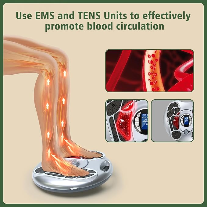 EMS Foot Massager for Neuropathy, TENS Electronic Muscle Circulation Stimulator with 4 Electrode Pads,Relieves Swelling, Fatigue, Plantar Fasciitis Silver