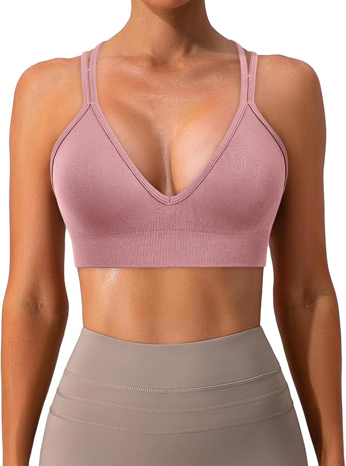 Sports Bra for Women V-Neck Strappy Criss Cross Yoga Bra Padded Medium Support Workout Gym Athletic Fitness Bras 3 Pack