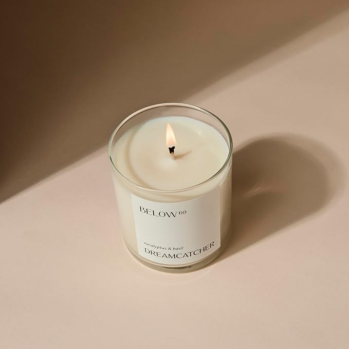 Below 60 Scented Candle – Dreamcatcher – Essential Oil-Based Fragrance – Hand-Made with Paraffin-Free Soy Wax – 100% Cotton Wick – 50 hr Burn Time - Founded by Hilary Duff – Eucalyptus & Basil (10oz)