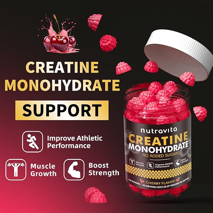 Nutravita Creatine Monohydrate Gummies for Men & Women-5g of Creatine Monohydrate per Serving - Sugar Free,Vegan, Cherry Flavor, 120 Count