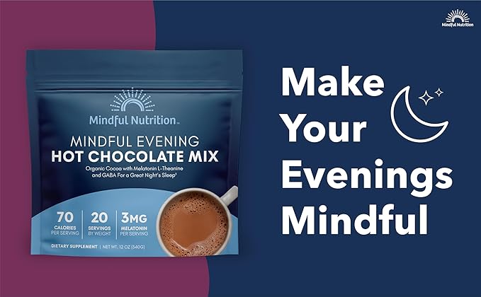Mindful Evening Cocoa Mix Sleep Supplement with Melatonin, L-Theanine and GABA 12oz 20 Servings