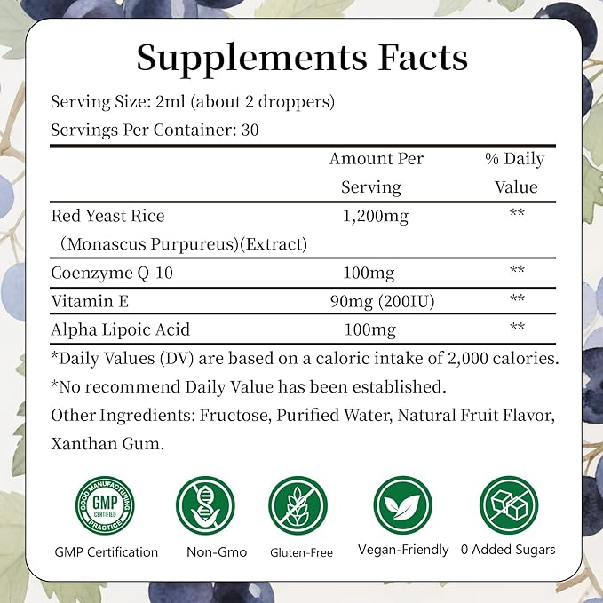 Red Yeast Rice with Coq10 Drops, Organic Red Yeast Rice 1200mg with Alpha Lipoic Acid for Cholesterol Support, CoQ10 100mg for Heart Health Support - 2 oz, Citrinin Free