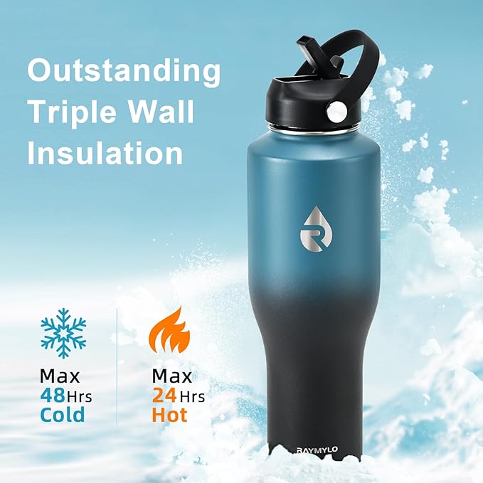 40 oz Insulated Water Bottle with Straw fit in Car Cup Holder, Triple Wall Vacuum Stainless Steel(Cold 48 hrs, Hot 24 hrs), Leakproof & Non-BPA, Hydro Travel Flask with Straw and Spout Lid