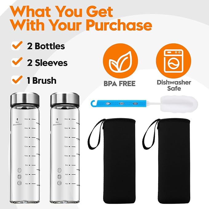 SIEROZUR Glass Juice Bottles 20 oz-2 Pack Leak Proof Wide Mouth Water Bottle with Stainless Steel Lid & Sleeve - for Juicing, Smoothies, Infused Water, Beverage Storage, Eco-Friendly Borosilicate
