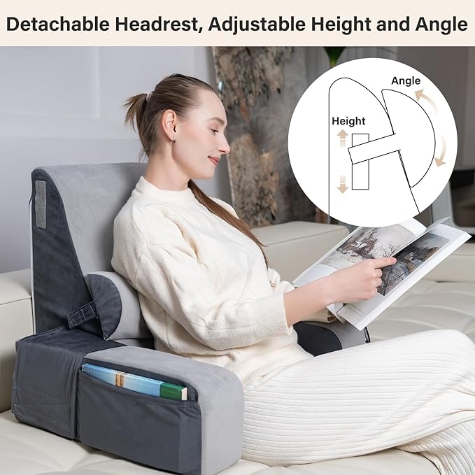 Vekkia 21" Reading Pillow with Adjustable Arms & Headrest – Zoned Foam Support, XL Side Pockets, Removable Cover, Back Support Chair for Reading, Gaming, TV, Post-Surgery Recovery in Bed or Floor