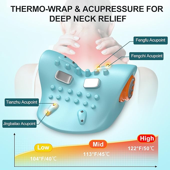 snawowo Neck Massager with Heat - 3D Kneading 3 Heat 3 Vibration, Remote Control Massage Pillow, 30° Ergonomic for Shoulder Neck Pain Relief, 15Min Timer (Sky Blue)