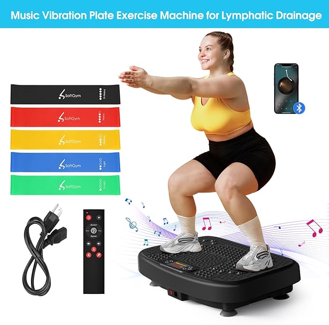 SoftGym Vibration Plate Exercise Machine for Lymphatic Drainage,Power Vibrate Stand Shake Board 450 Lbs Capacity Whole Body Workout Waver with Fitness Resistance Bands Weight Loss Gifts for Women Men