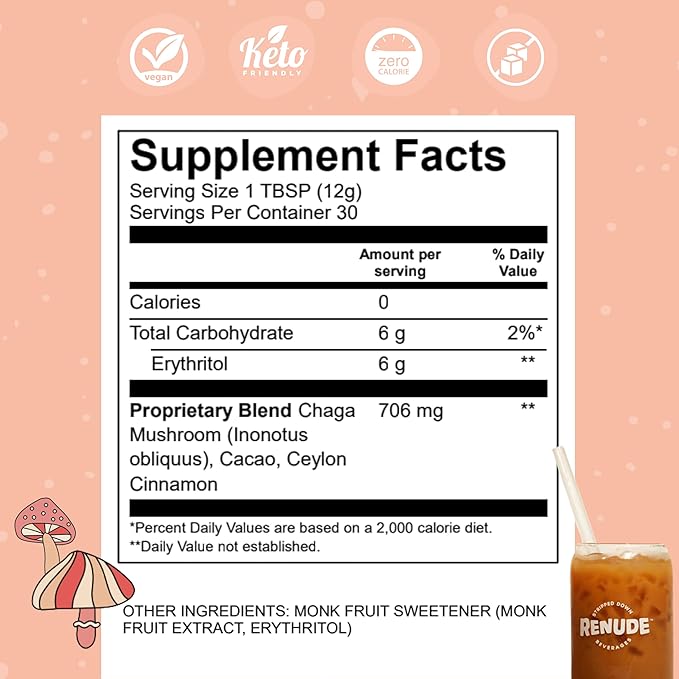 Renude Chagaccino - Chaga Mushroom Powder, Mushroom Coffee Drink Mix with Adaptogens, Natural Energy and Immune Support, Vegan, Keto, Zero Calorie Mushroom Blend Powder - 30 Servings