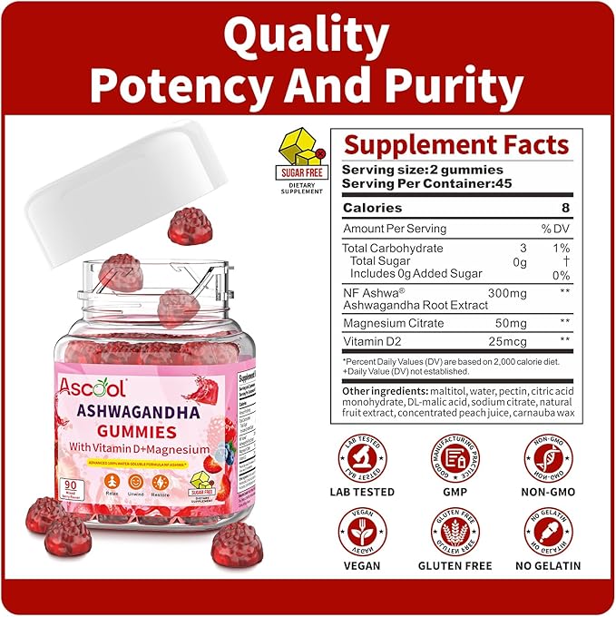 Ashwagandha Gummies with Vitamin D & Magnesium – Sugar-Free, Vegan, Non-GMO, Gluten & Gelatin Free – Supports Stress Relief – Mixed Berry Flavor, 90 Count