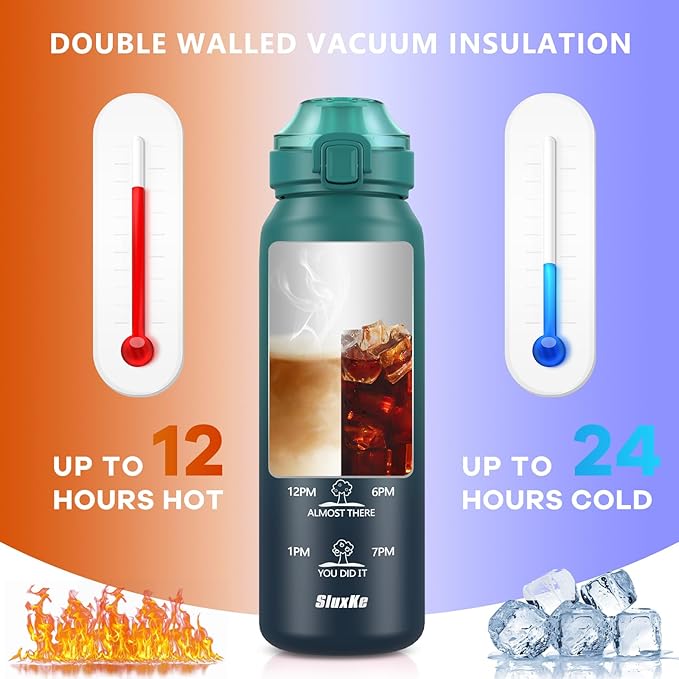 Insulated water bottle with Straw and Chug Lids, 18/10 Stainless Steel 24oz Water Bottle BPA Free, Double Wall Vacuum Wide Mouth Insulated Water Bottle for Men, Women & Kids BLUE BLUE