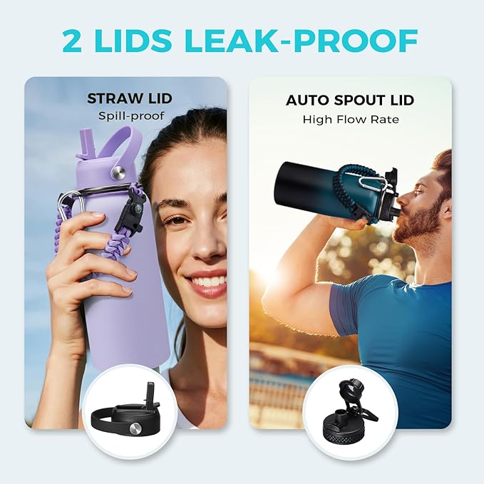 Insulated Water Bottle 32 oz - Straw & Chug Lid, Paracord Handle, Metal Water Bottles Holder with Strap, Water Bottle Boot, Triple Wall Vacuum Flask Thermo Flask with Straw Keep Cold 48H Hot 24H