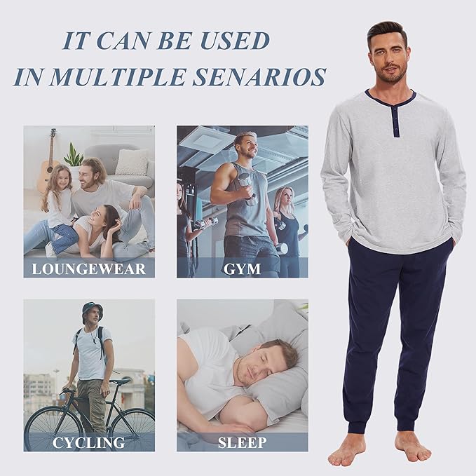 Men's Pajama Set with Henley Neckline 100% Cotton Soft and Comfortable Nightwear 2-Piece Lounge Set