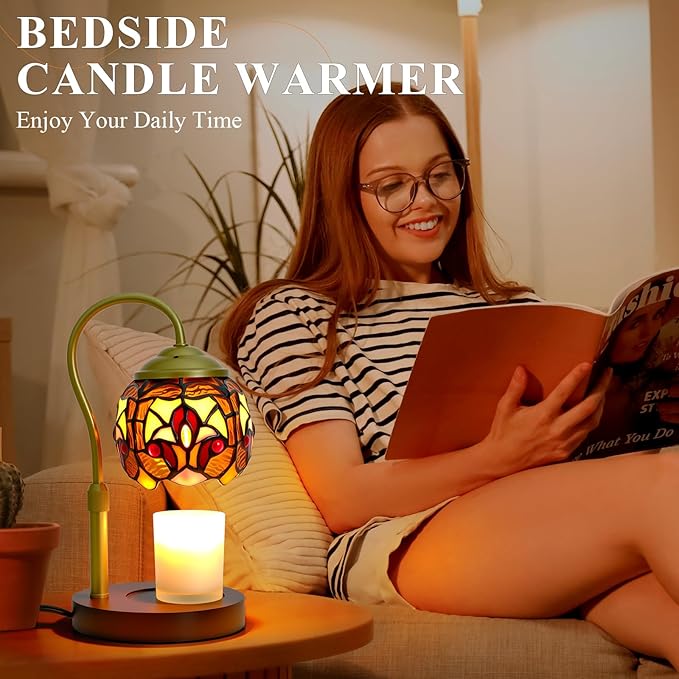 Tiffany Style Candle Warmer Lamp with Timer, Dimmable Stained Glass Candle Lamp Warmer, Birthday Gifts for Mom Women Friend Sister Baroque Wax Melt Warmer with 2 Bulbs for Home Deco