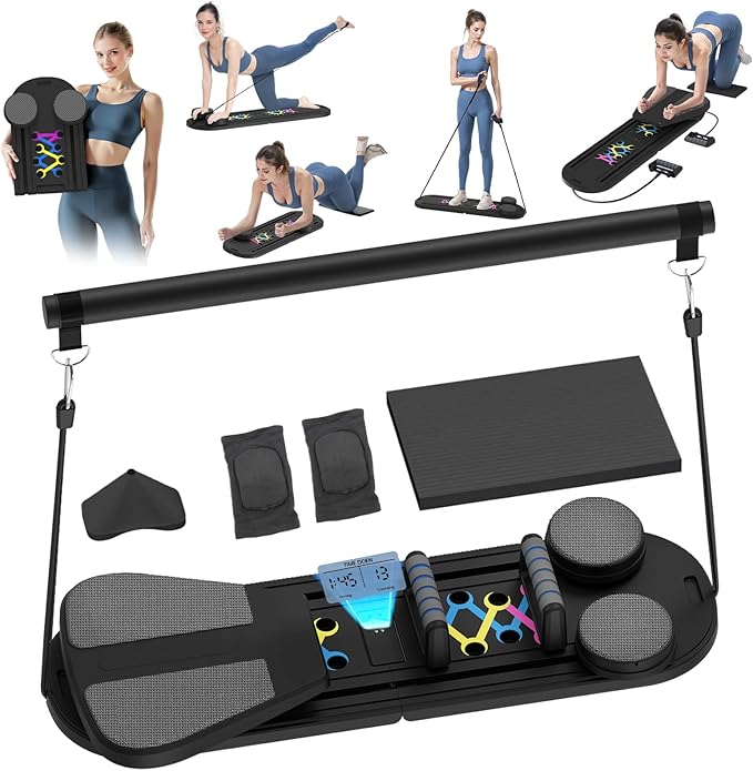 Pilates Board, Foldable Pilates Reformer Set with Timer, 8-in-1 Multi-Purpose Portable Pilates Machine for Home Workout, Pilates Reformer Kit for Full Body Workout, Abs Trainer, Core Strength
