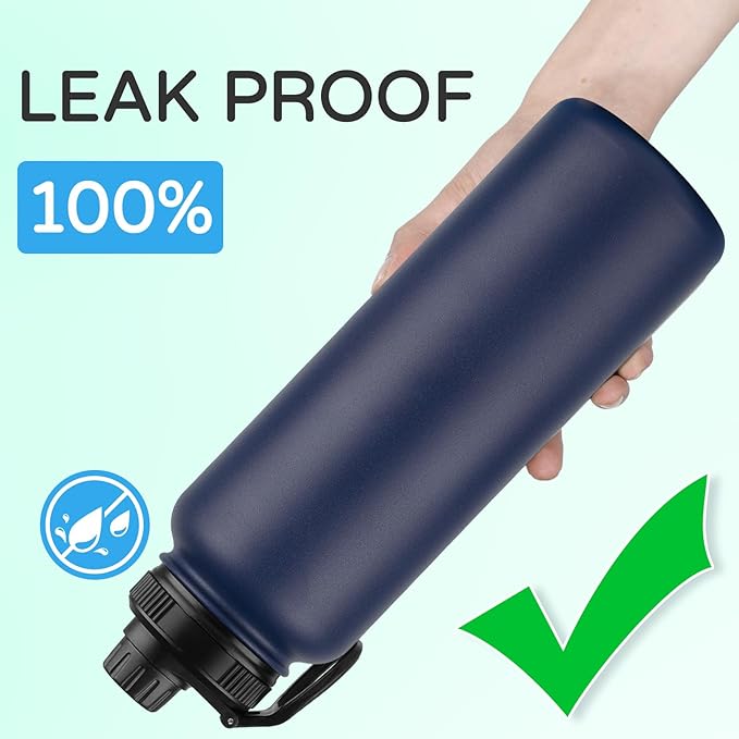 DOMICARE 40 oz Insulated Water Bottle Bulk, Vacuum Insulated Stainless Steel Sports Water Bottle with Straw Lid & Spout Lid, Leakproof, Reusable - Travel, Camping, Bike, Navy Blue (4 Pack)