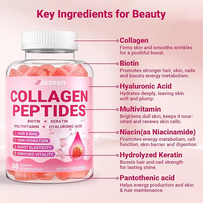 Collagen Gummies for Women - Sugar-Free Hydrolyzed Collagen Gummy with Biotin, Hyaluronic Acid & MultiVitamins, Type I, II, III, V & X Collagen Peptides - Promote Skin/Hair/Nail/Bones, 60 Cts