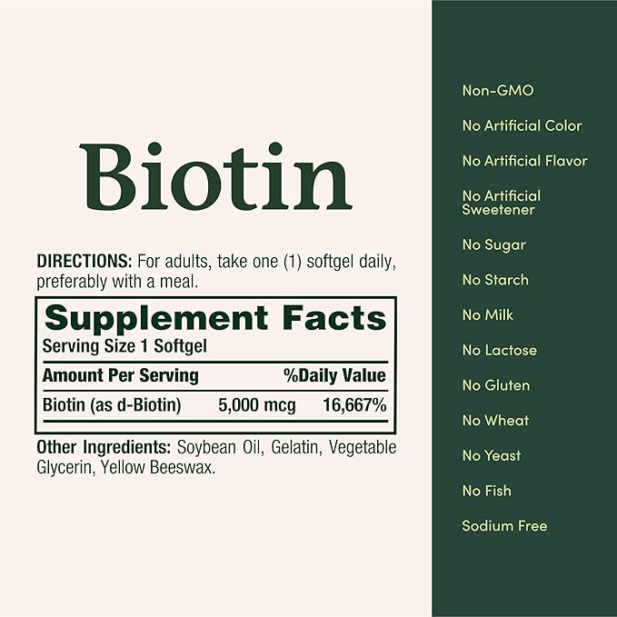Nature's Bounty Biotin, Supports Metabolism for Cellular Energy and Healthy Hair, Skin, and Nails, 5000 mcg, 150 Softgels