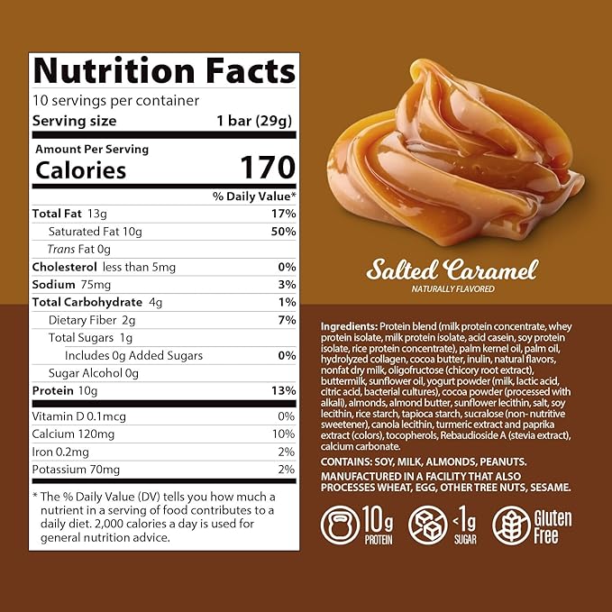 Genius Gourmet Protein Bar, Salted Caramel Keto Snack, Low Carb, Low Sugar & Gluten Free, Protein Snacks for Adults, 10G of Whey Protein per Protein Bar, 5 Net Carbs, 10 Count