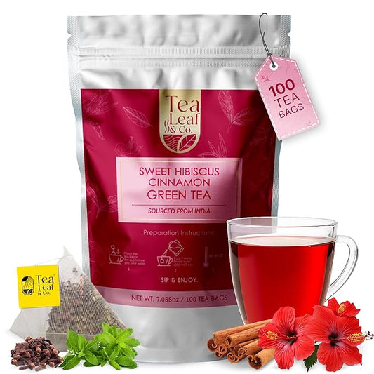 Tealeaf & Co. Sweet Hibiscus Cinnamon Green Tea with Hibiscus, Cinnamon, Stevia & Clove - Green Tea Bags with Fresh Herbs and Spices (Low Caffeine) - 100 Teabags