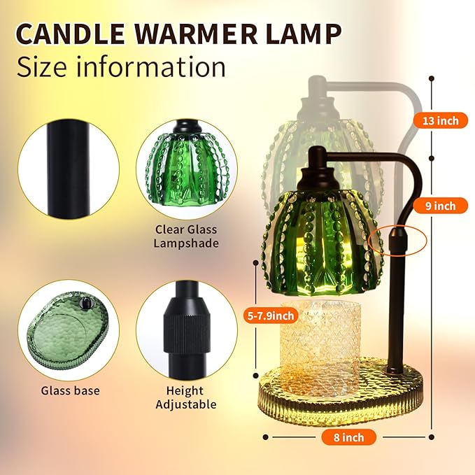 Candle Warmer Lamp with Timer: Adjustable Height and 4 Dimmer, Crystal Glass Base, Heater Wax Warmer for Jar Scented, Home Décor and Housewarming & Birthday Gift for Mom Woman, 2 Bulbs(Jade Green)