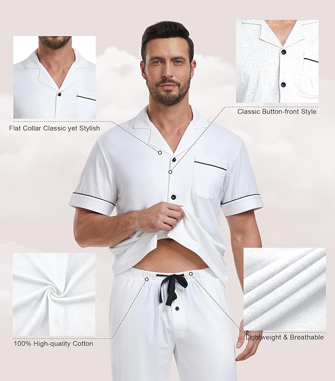 COLORFULLEAF Men's 100% Cotton Pajamas Set Button Down Sleepwear Short Sleeve and Long Pants Pjs