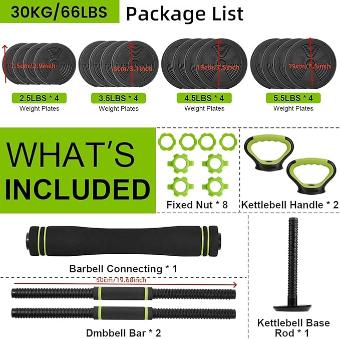 Adjustable Dumbbell Set, 30/44/66/88Lbs Free Weight Set with Connector, 4 In1 Dumbbells Set Used As Barbell, Kettlebells, Push Up Stand,Green and Black