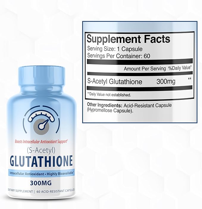 S-Acetyl L-Glutathione 300mg – 60 Acid-Resistant Capsules, High Bioavailability S Acetyl Glutathione Supplements for Liver & Skin Health, Supplement Antioxidant Support Capsules