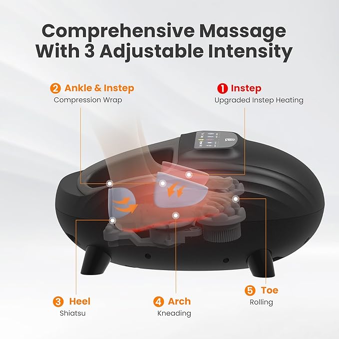 CILI Foot Massager with Heat, Shiatsu Foot Massage Machine for Plantar Fasciitis Neuropathy, 3 Sole & Instep Heating Levels, 3 Intensity Adjustable, Up to Size 14, Gifts for Him Her
