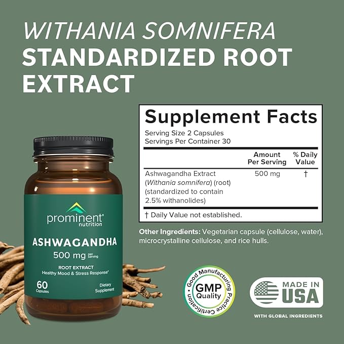 Prominent Nutrition Ashwagandha Supplement - Clinically Researched Shagandha Root Extract for Healthy Mood & Stress Support, Standardized to 2.5% Withanolides, 500 mg, 60 Vegan Capsules - 1 Pack