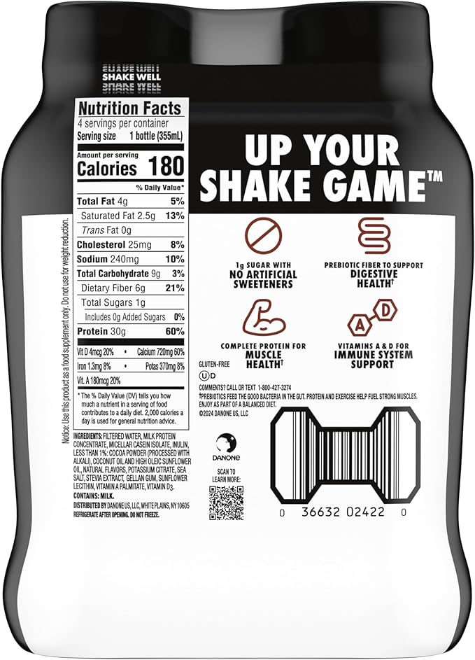 Oikos Protein Shake, Chocolate, 30g High Protein Drinks, Shelf Stable, Ready to Drink, 5g Prebiotic Fiber, 12 fl oz Bottle, 4 Count