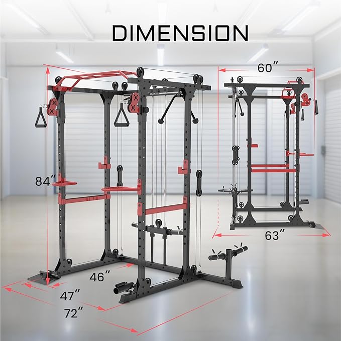 Fitness Reality Power Cage Squat Rack with Optional LAT Pulldown, Cable Crossover, 800 lb Capacity, Multi-Grip Pull-Up Bar, Adjustable Safety Bars, Strength Training for Home Gym