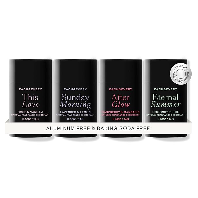 Each & Every All Natural Deodorant for Women & Men - Sensitive Skin, Plant-Based Aluminum-Free Deodorant, Travel Size - Multiple Scents (4 Pack, 0.8oz)