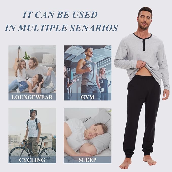 Men's Pajama Set with Henley Neckline 100% Cotton Soft and Comfortable Nightwear 2-Piece Lounge Set