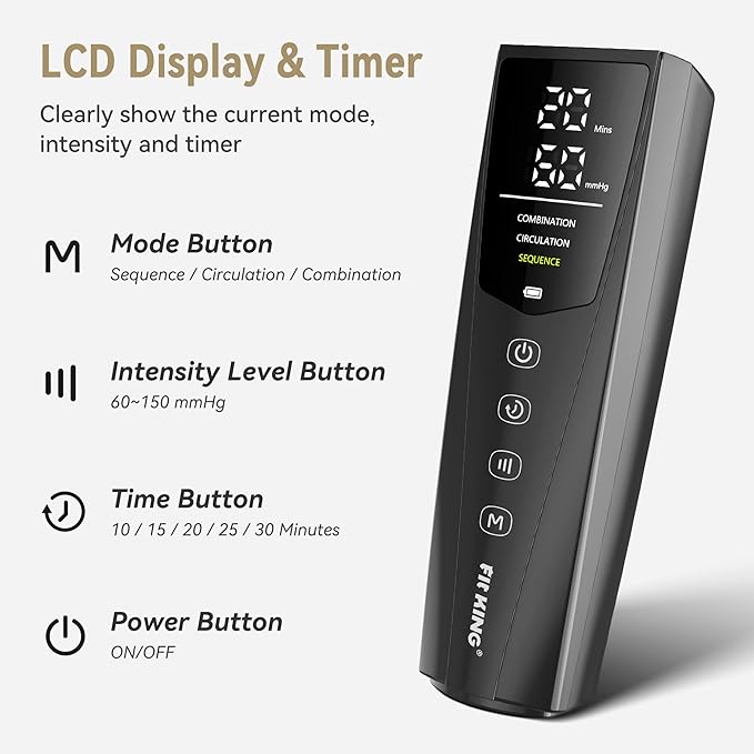 FIT KING Rechargeable Leg and Foot Massager - Cordless Air Compression Full Leg Boots Massager for Circulation and Recovery - Pressure Sensor & LCD Display - 3 Modes 10 Intensities 5 Timer Functions