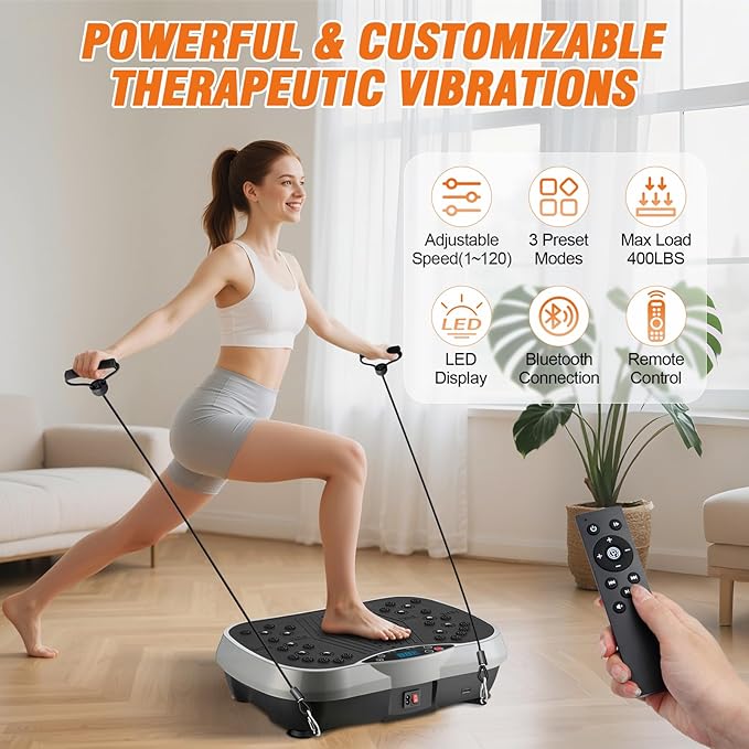 ALSO GO Vibration Plate Exercise Machine, 3 Workout Modes & 120-Level Vibration Platform for Weight Loss/Lymphatic Drainage, 400lbs Capacity Vibration Board with Resistance Bands for Full Body Workout