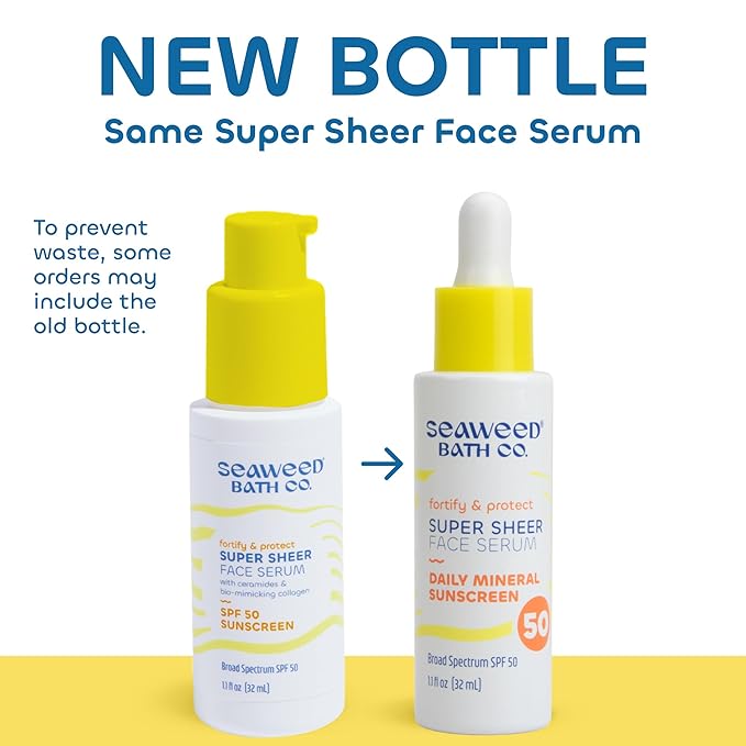 Seaweed Bath Co. Fortify & Protect Super Sheer Face Serum SPF 50 Broad Spectrum Zinc Oxide Facial Sunscreen, 1.1 Ounce, Non-Tinted, Sustainably Harvested Seaweed, Collagen, Ceramides