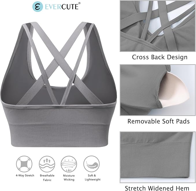 Evercute Sports Bra for Women Padded Medium Support Criss Cross Strappy Bras Seamless High Impact Yoga Exercise Athletic Bras