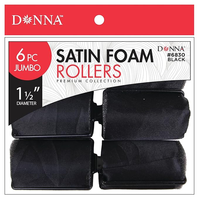 DONNA Silky Sastin Foam 1.5"(D) JUMBO 6PCS Hair Rollers for Heatless Styling - Hair Curlers and Clips Included - Lightweight and Durable Foam Rollers for Hairdressing - BLACK