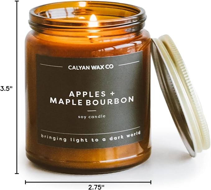 Calyan Wax Co. Soy Wax Candle, Apples + Maple Bourbon Scented Candle, 57 Hour Burn Time, Aromatherapy Soy Candles, Non Toxic & Vegan Soy Wax, Amber Glass Jar Scented Candles, 7.2oz