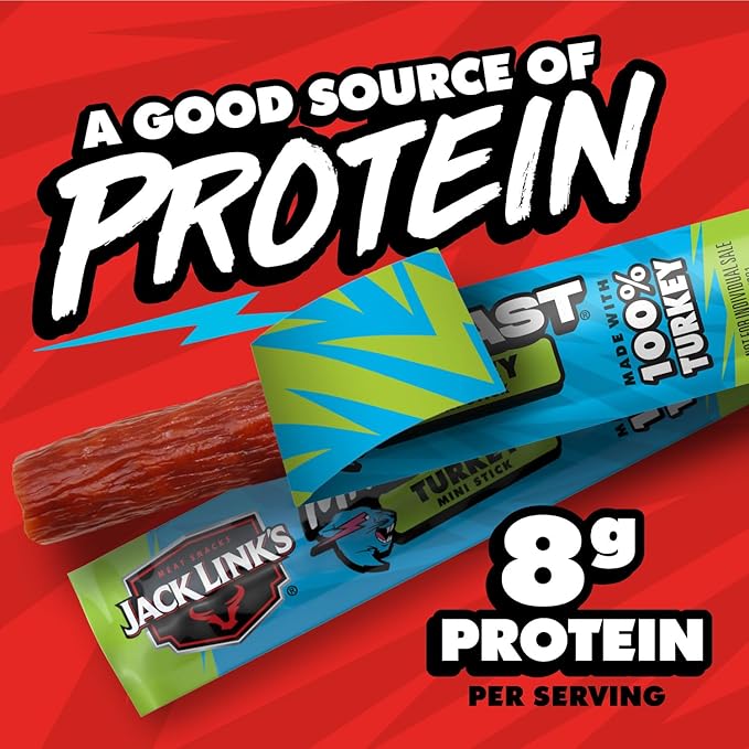 Jack Link’s x MrBeast Turkey Mini Sticks – 8g Protein per Serving, Individually Wrapped Meat Sticks, Made with 100% All Natural Turkey, Zero Sugar, Pantry-Ready, Kids Snacks, 0.5oz (12 Count)